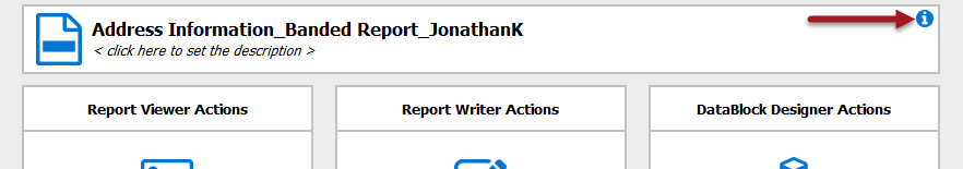 Report or Dashboard name in the action pane of the Argos main interface. It shows an icon of the object you are looking at (in this case, a banded report). To the right is the name of the report, and there is an option to add a description below the title. In the upper right corner is the "i" icon.